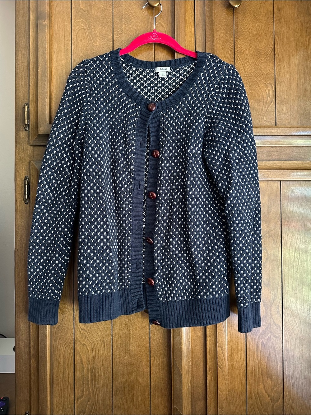 Vintage L.L. Bean Navy and Cream Textured Women's Cardigan